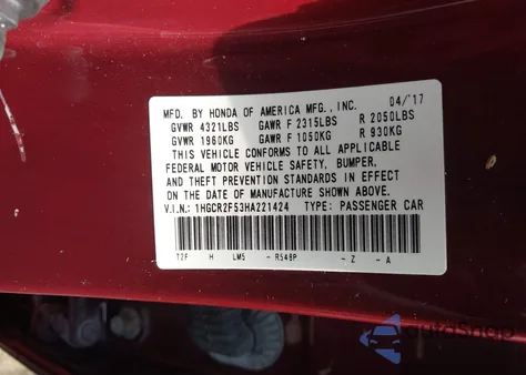 2017 Honda Accord Sport z USA, uszkodzony, nr VIN 1HGCR2F53HA221424